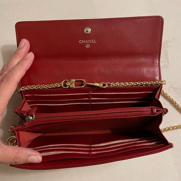 Chanel Red Lambskin Flap Long Wallet On A Unbranded Adjustable Chain With COA - Picture 7 of 14
